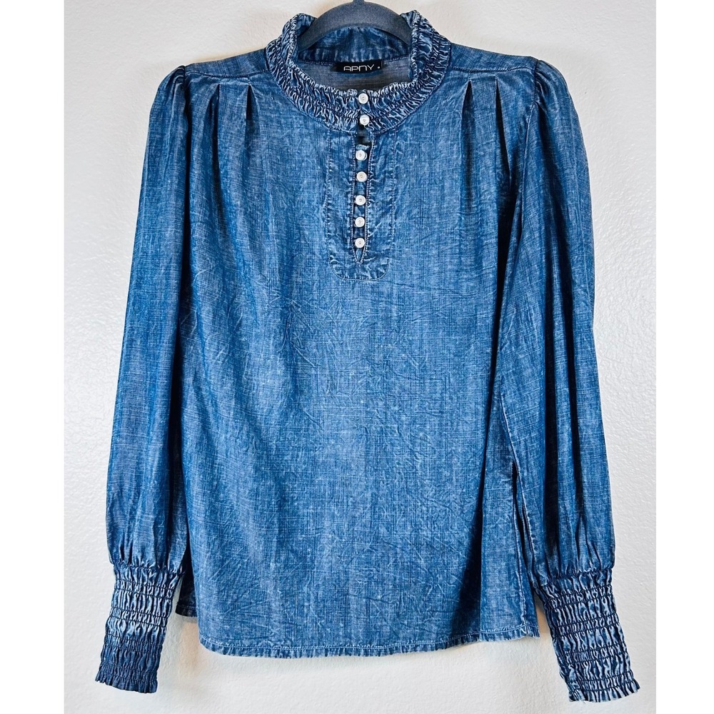 APNY Blue Prairie Boho Western Chambray Blouse Ruffle Neck Smocked Cuff Top SZ S